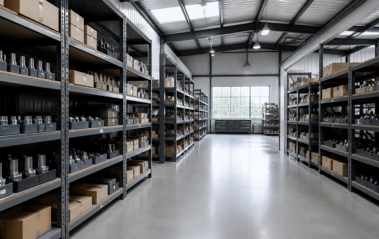 Shelving in a parts store stocked with boxed automotive and industrial components